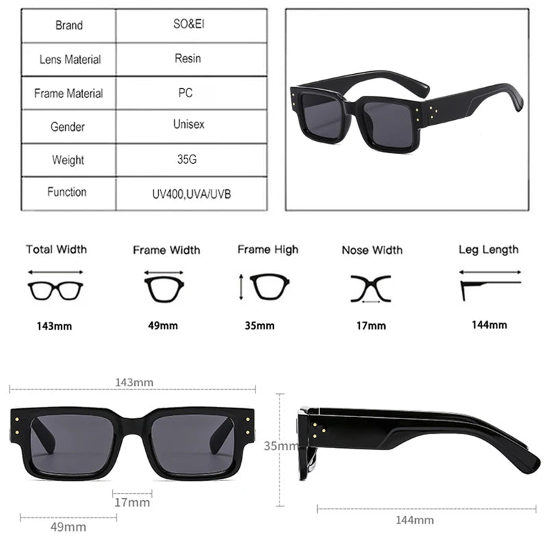 SO&EI Retro Square Women Double Color Sunglasses Fashion Rivets Decoration Shades UV400 Men Trending Gradient Sun Glasses