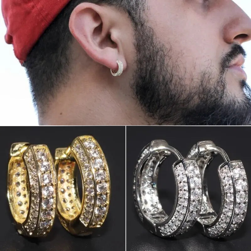 Rock Biker Men\'s Iced Out Hoop Earrings Cubic Zirconia Huggie Cartilage Cuff Hypoallergenic Round Earrings Wholesale