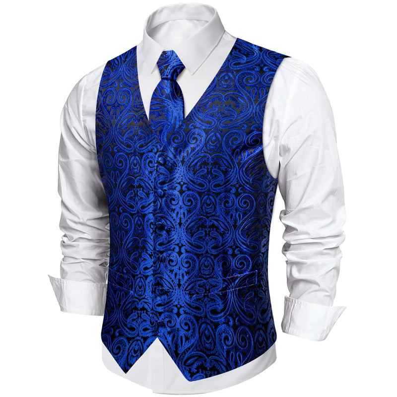 Luxury Men's Suit Vest Royal Blue Paisley Waistcoat with Neck Tie Handkerchief Cufflinks Wedding Prom Tuxedo Sleeves Vest