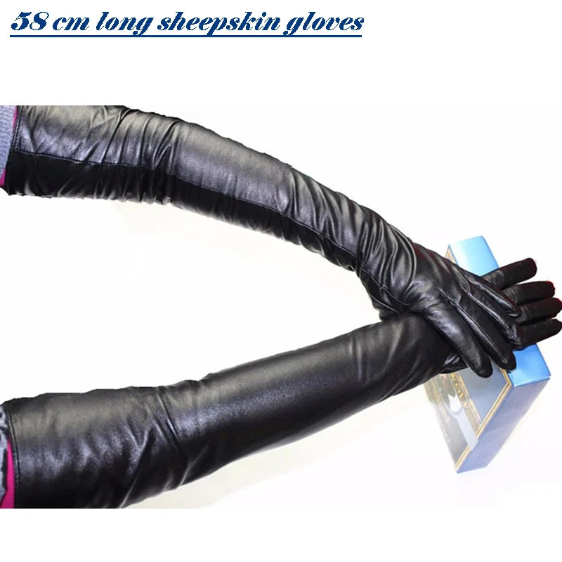 Long Sheepskin Gloves Women's Genuine Leather 58cm Length Sleeve Velvet Lining Keeps Warm in Autumn and Winter