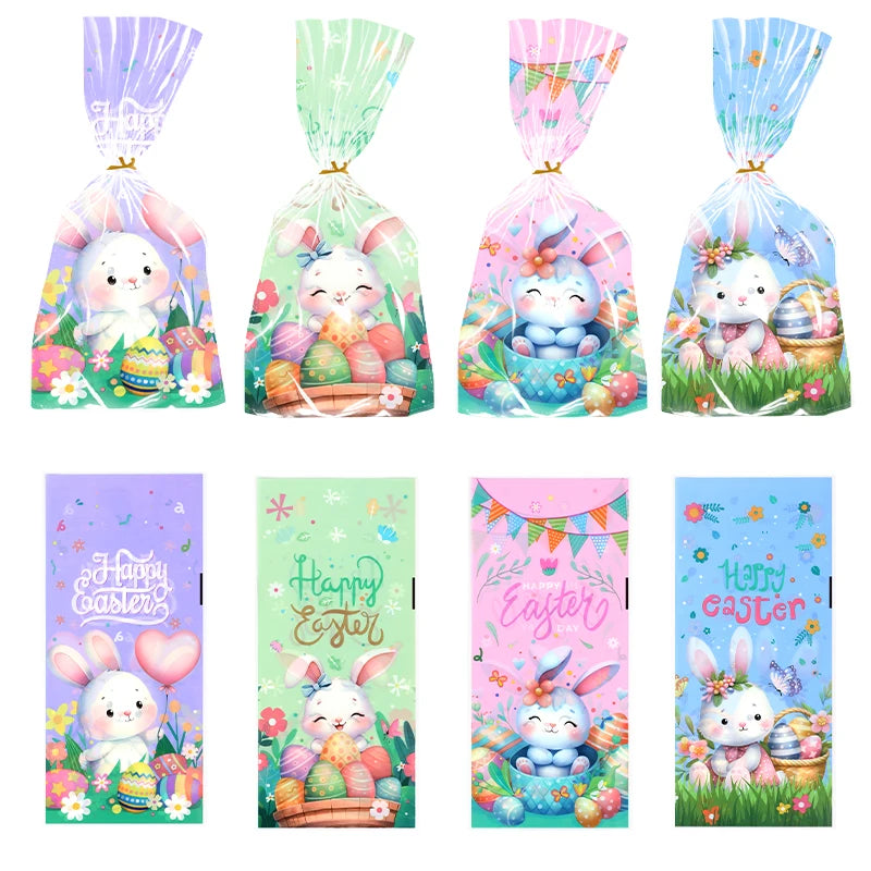 50/100pcs Easter Gift Bags Easter Candy Cookie Bags Rabbit Eggs Dessert Gift Packaging Pouches 2025 Happy Easter Party Supplies