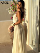 kliou Elegant Women Maxi Dress Solid Mesh Stacked Draped Suspendency Metal Connect Sheath Frock Mujer Trend Concise Banquet Robe