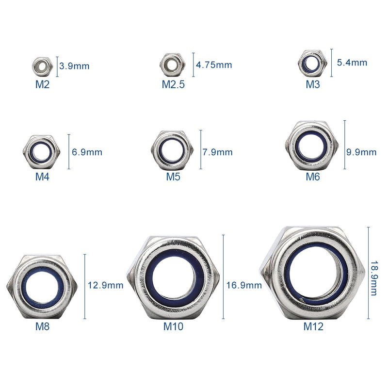 NINDEJIN Lot de 321 écrous de blocage en nylon 304 en acier inoxydable M2 M2.5 M3 M4 M5 M6 M8 M10 M12 Kit d&#39;assortiment d&#39;écrous hexagonaux autobloquants