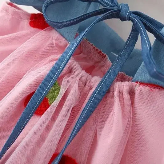 Summer Girls Dress Cute And Sweet Denim Mesh Strawberry Embroidered Princess Dress Party Dress