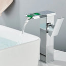 Black Tall LED Waterfall Basin Bathroom Faucet Deck Mounted Hot Cold Water Mixer Taps Three Color Change By Water Flow