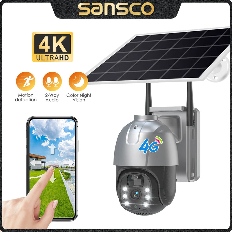 SANSCO 4K 8MP 4G PTZ Solar Camera Battery PIR Motion Detection Outdoor 4MP Security CCTV Surveillance IP Camera V380 Pro