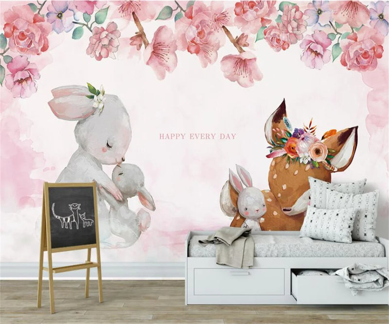 Custom Living Room Children Room Animal Photo Wall Decoration Painting Cartoon Floral Rabbit Mural 3d Wallpaper