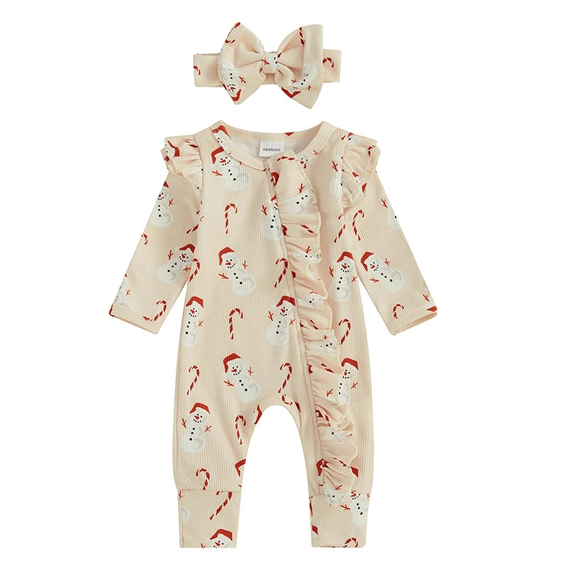 Toddler Christmas Romper Set with Matching Headband Festive Snowman and Snowflake Print Zip Up Jumpsuit for Baby Girl