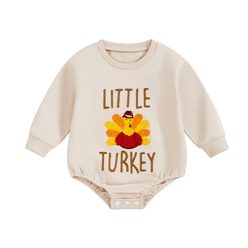 Thanksgiving Baby Romper with Embroidered Turkey Design and Cozy Long Sleeves for Fall Festivities and Family Gatherings