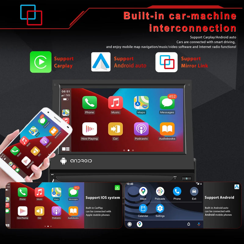 Podofo 1Din 7 ''Car Multimedia Player 8 + 128G 8Core Car Radio Carplay Android Car WIFI GPS Navigation Retractable Screen Stereo