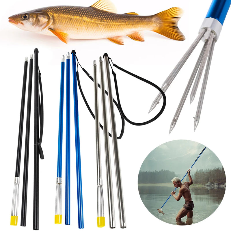 3 Section Fishing Prong Harpoon with 5 Barbed Rods & Lanyard Fishing Diving Spear Aluminum Alloy Detachable for Catch Fish