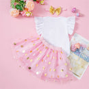 Toddler Girls Spring Floral Print Ruffle Sleeve Romper with Matching Bow Headband and Tulle Skirt - Easter Outfit