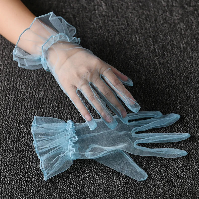 Retro Spring Summer Women Short Tulle Gloves White Black Wedding Gloves Stretchy Lace Full Finger Mittens Mesh Translucent Glove