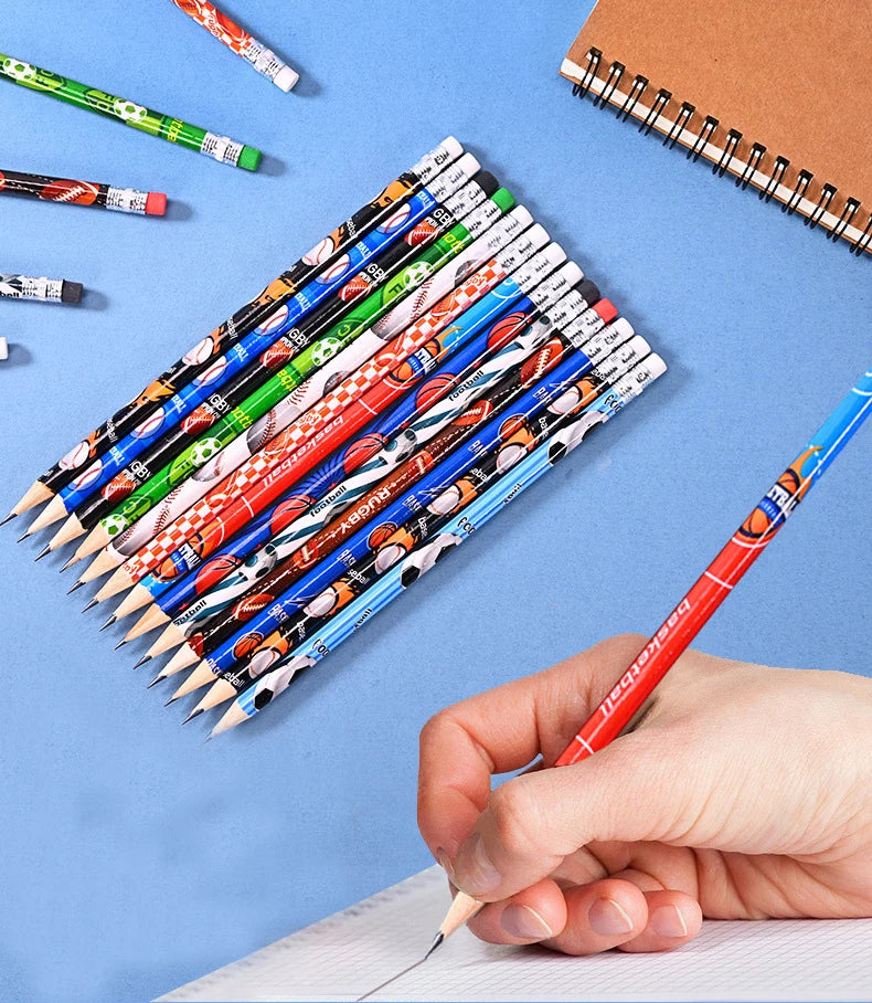 12 Pcs Football Basketball Pencil Kids Soccer Sports Themed Writing Pencils for Wooden Child Stationery Educational Supplies