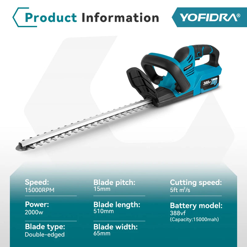 YOFIDRA Cordless Electric Hedge Trimmer 2000W 15000RPM Pruning Saw Lawn Mower Garden Trimming Power Tools For Makita Battery Pin
