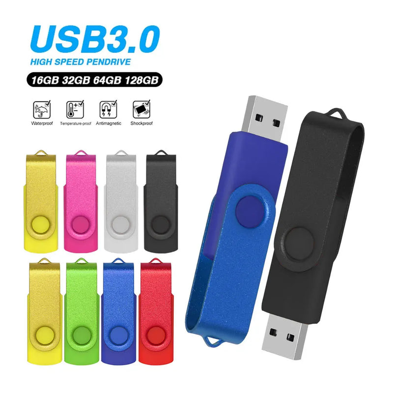 High Speed USB 3.0 Flash Drive 128GB 64GB Rotatable Pen drive 32GB 16GB 8GB waterproof Memory Stick for Mobile Phone Pendrive