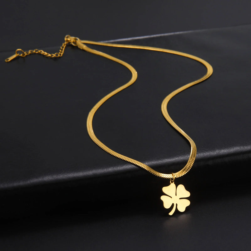 Skyrim Four Leaf Clover Women Necklace Stainless Steel Gold Color Snake Chain Choker for Women Girls Fashion Jewelry Wholesale