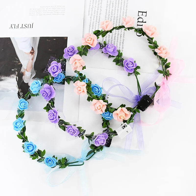 Wedding Party Crown Flower Headband LED Light Wreath Garland Decoration Women Girl Birthday Favor Luminous Hair Garland Hairband