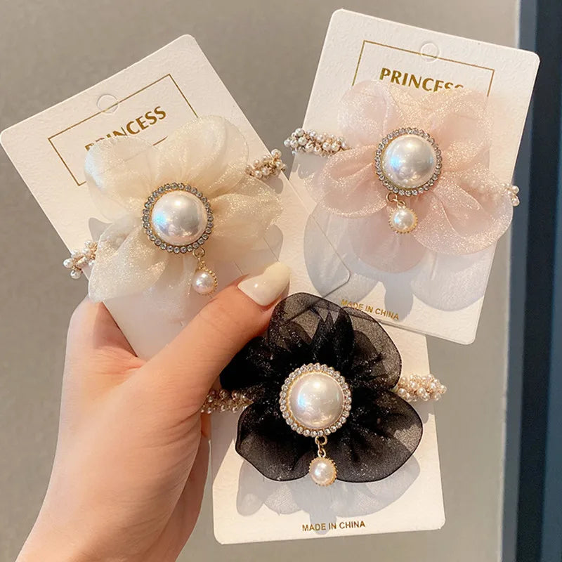 Luxury CC Camellia Pearl Elastic Hair Band Scrunchie Hair Ties for Women Girls Ponytail Holder Hair Accessories