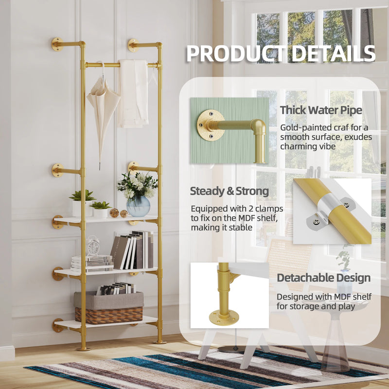 Heavy Duty Industrial Pipe Clothes Rail Hanging Open Wardrobe Shoe Rack Showroom Wall Mounted Garment Rack with 3 Shelves