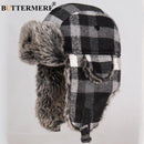 BUTTERMERE Winter Hats For Mens Bomber Hat Fur Red Warm Earflap Cap Windproof Women Thicker Plaid Russian Ushanka Hat Black Blue