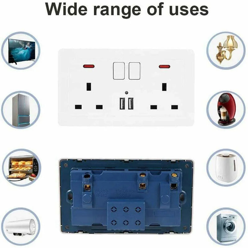 Double Wall Plug Socket 2 Gang 13A w/ 2 Charger USB Ports Outlets Flat Plate UK
