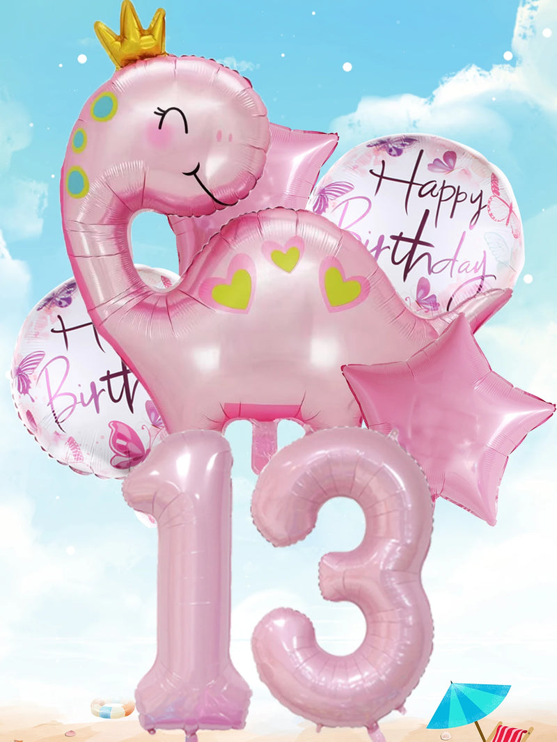 1set Pink Crown Dinosaur Foil Balloons 40 Inch Number Helium Balloon Baby Girl Children‘s Birthday Party Decorations Kids’