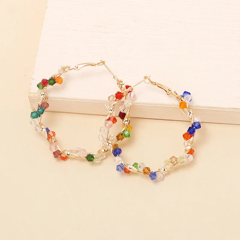 Random Colorful Crystal Hoop Earrings for Women New Fashion Big Round Circle Statement Earrings Wedding Party Bohemian  Jewelry