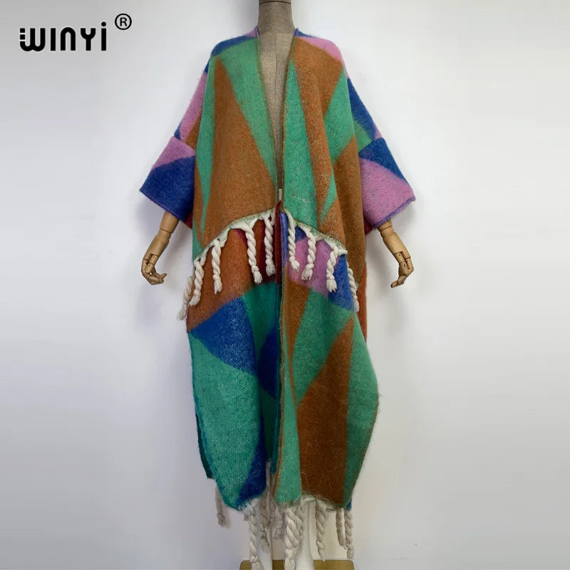 2022 WINYI Winter Women tassel Cardigan coat Loose Christmas dress robe longue Thick Warm free size Middle East Female Kaftan