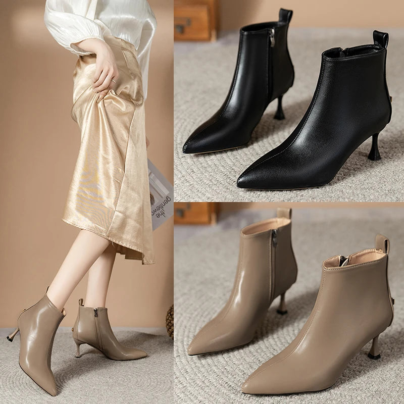 2024 Winter Shoes Women Leather Boots Brand Design Pointed Toe Solid Black White Low Heels Ankle Boots Female Sexy Cowboy Boots