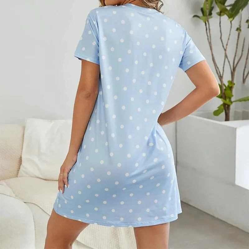 Cute Letter Polka Dot Printed Nightgown Nightdress Comfy Short Sleeve Sleep Dress with Round Neck Casual Sleepwear Loungewear