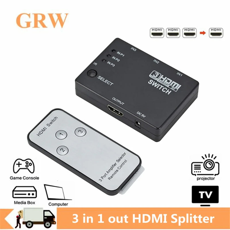 GRWIBEOU HDMI Switcher 3 In 1 Out 3 Ports HDMI splitter Hub Switch Box 1080p HD 1.4 With Remote for HDTV XBOX360 DVD Projector