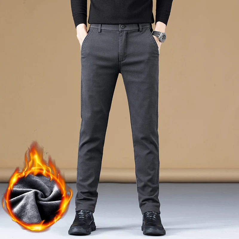 Stretch Fleece Casual Pants Men Korean Thickened Straight Thermal Velvet Pants Male Winter Business Soft Slim Fit Trousers