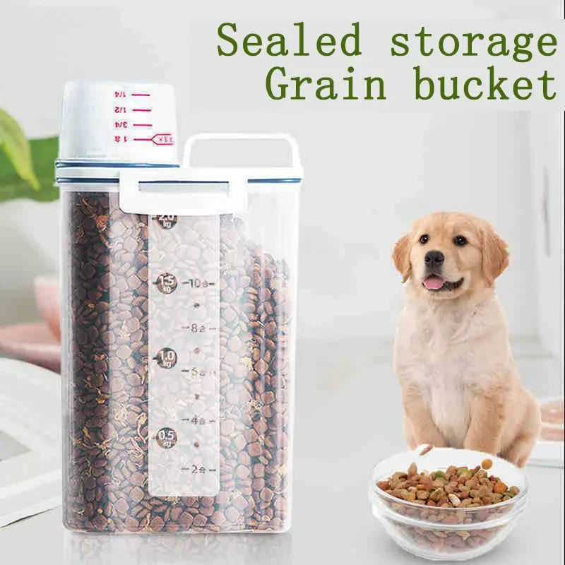 Dog Cat Food Pail Plastic Storage Tank with Measuring Cup Container Moisture-proof Sealed Jar Pet Supplies Accessories