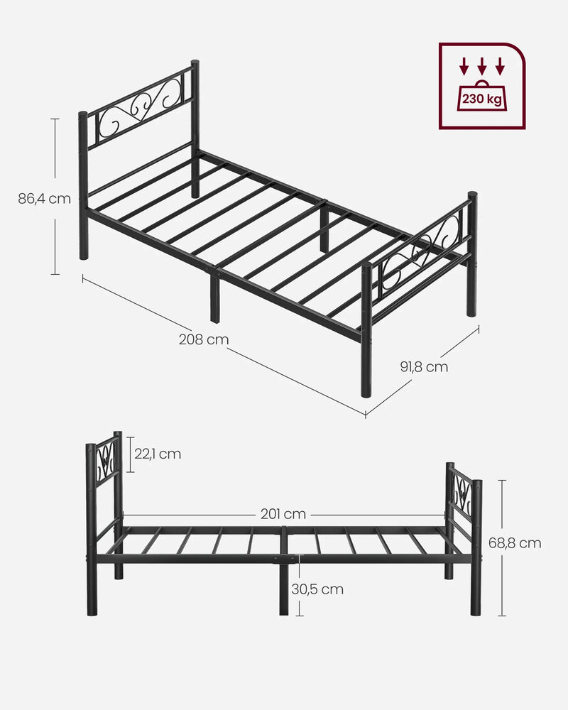 VASAGLE bed 90x200 cm Guest bed Single bed Metal bed Rack bed frame Metal bed Easy Assembly ink black