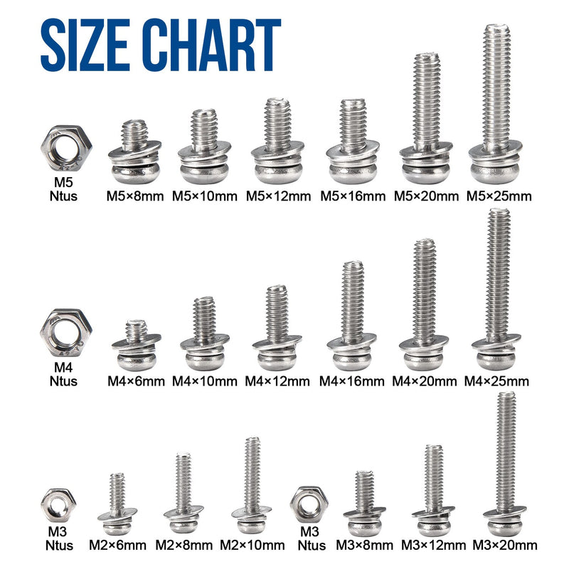 NINDEJIN 780pcs Cross SEMS Screw Kits M2 M3 M4 M5 Stainless Steel Phillips Pan Head Machine Screws Set With Nuts Assortment Kit