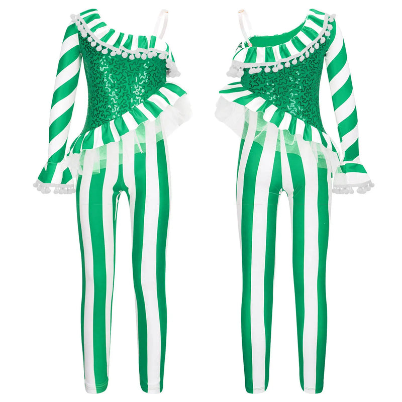 Kids Girls Christmas Jumpsuit Ballet Gymnastics Leotard Sequin One Shoulder Striped Bodysuit Halloween Circus Cosplay Costume