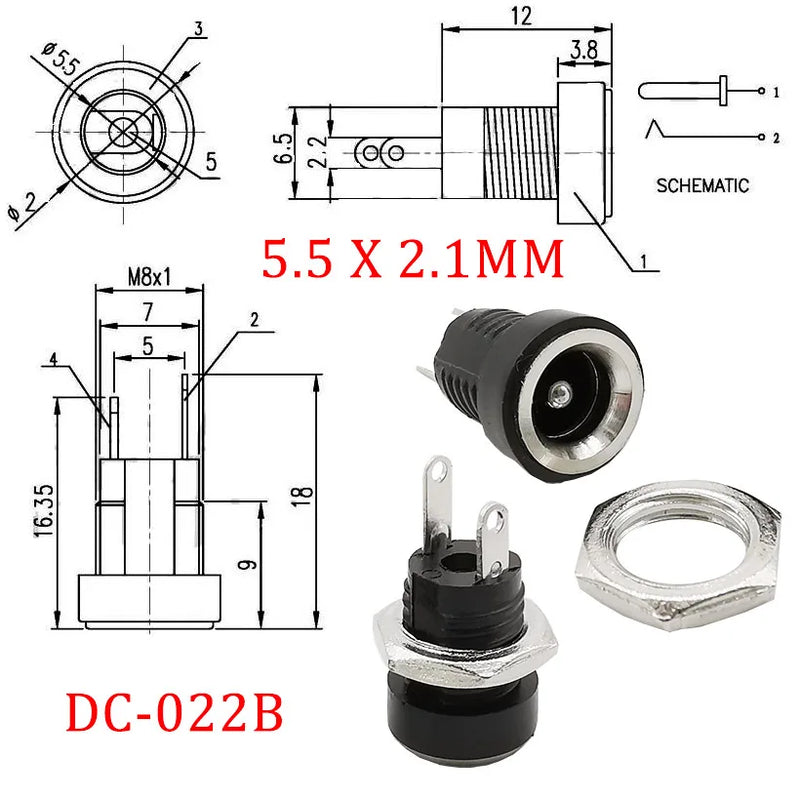 10Pcs 5.5 x 2.1/2.5mm DC-022B DC Jack Adapter 3A 12V 3.5x1.3 DC022B DC Power Supply Charging Socket Female Panel Mount Connector