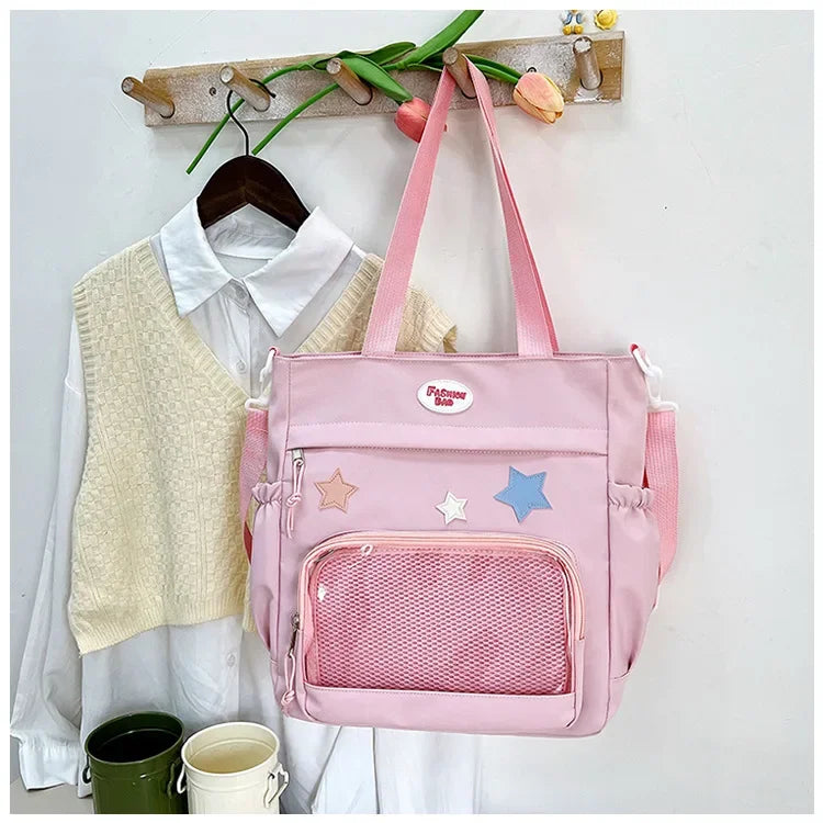 Candy Color Women Shoulder Bag Nylon Star Anime Expo Badge Display Handle Bag Versatile Girl Student Commuter Crossbody Bag