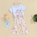 Easter Bunny Print Short Sleeve Top and Pants Set with Matching Headband for Girls - Egg and Carrot Print Outfit Set