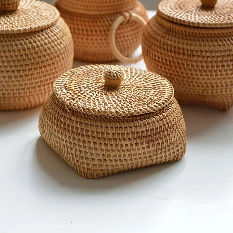 New Round Rattan Boxes with Lid Hand-Woven Multi-Purpose Wicker Tray Desktop Decoration Jewelry Storage Box Make Up Organizer