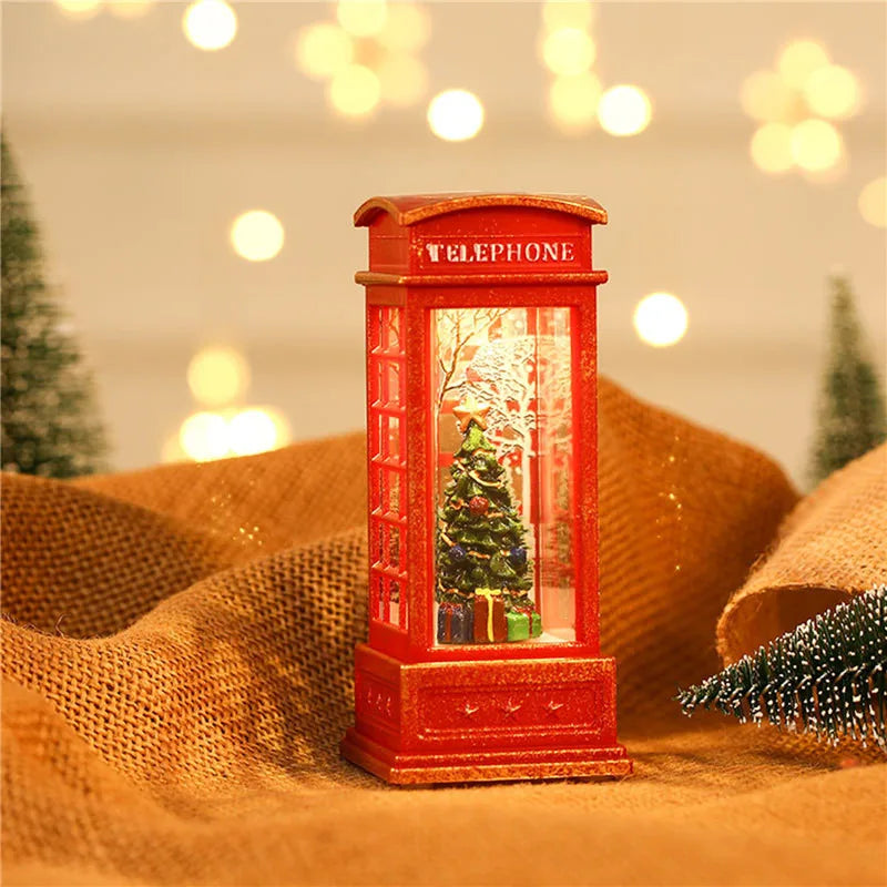 1Pc Christmas Light-Up Maroon Phone Booth With Santa Decorative Christmas Themed Snow Globe Light For ChristmasDecorative