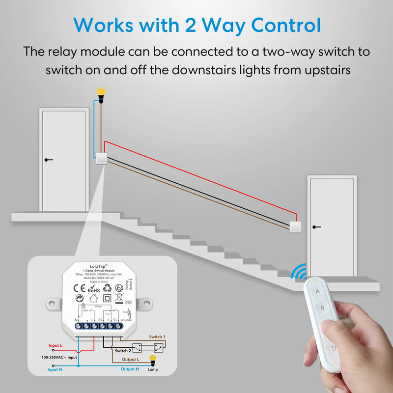 QCSMART Wireless RF 433Mhz 110-220V 16A Light Swich Relay Module Small Device with 4 Button Remote Controller