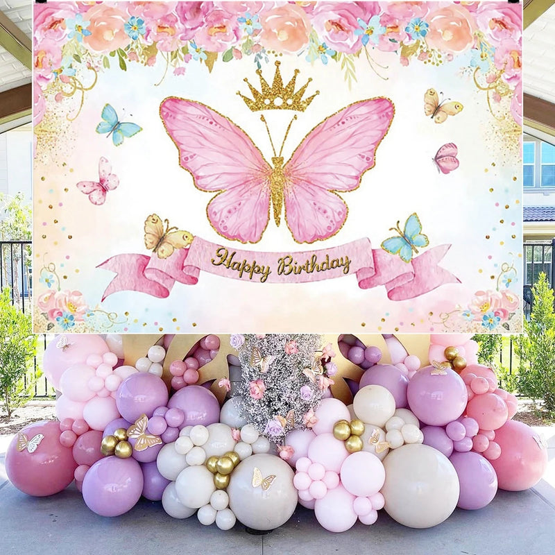 Pink Butterfly Birthday Party Backdrops Wedding Decorations Photo Booth Background Baby Shower Girl Hanging Flag Backdrop Props