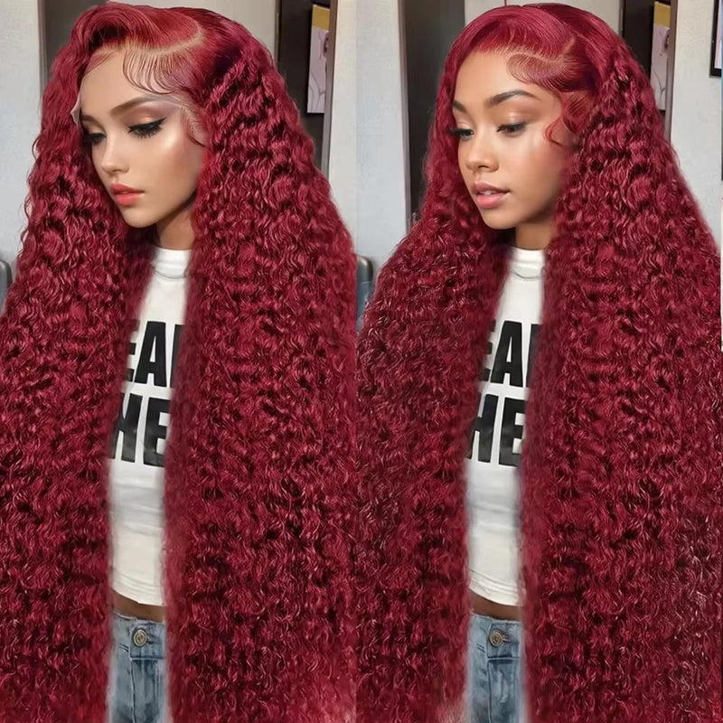 Deep Wave 99J Burgundy 13x4 13x6 HD Lace Frontal Wig Human Hair Transparent Lace Wigs Brazilian Red Colored