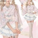 Pink Kawaii Lolita Style Skirt Set Women Cute Cat Print Bow Blouse Ruffles Mini Cake Skirts Suits Female Korean Y2k 2 Piece Sets