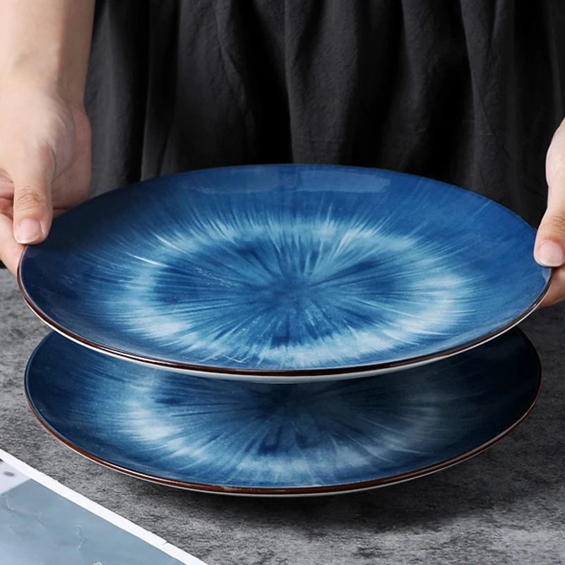 Japanese Retro Flat Plate 10 Inch Blue Gradient Ceramic Fruit Dish High Quality Cold Dishes Home Western-style Steak Plates