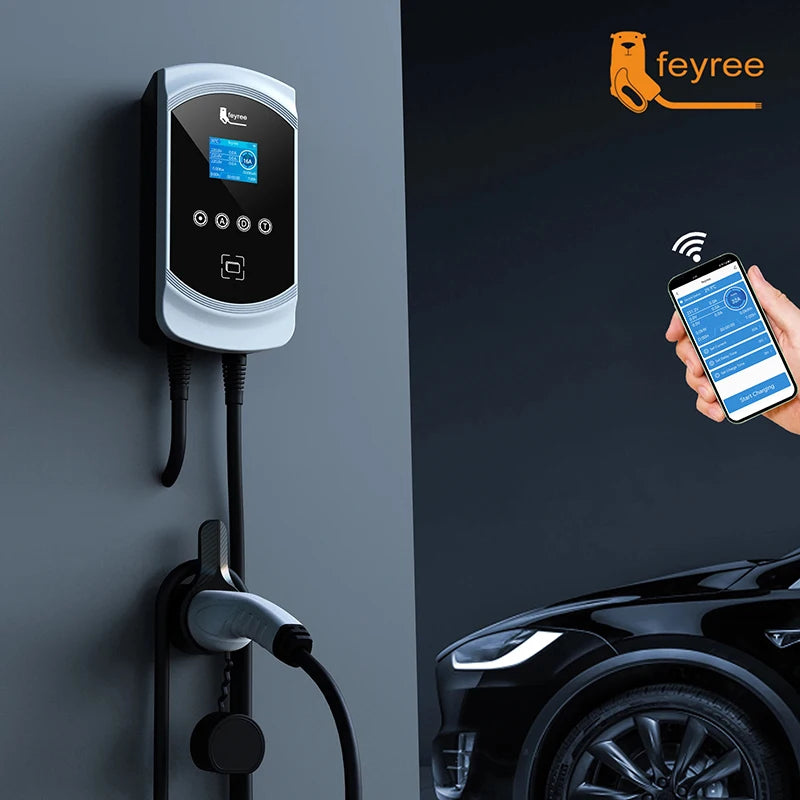 feyree EV Charger 32A 7.6KW Electric Vehicle Car Charger EVSE Wallbox 11KW 22KW 3Phase Type2 Cable IEC62196-2 Socket APP Control
