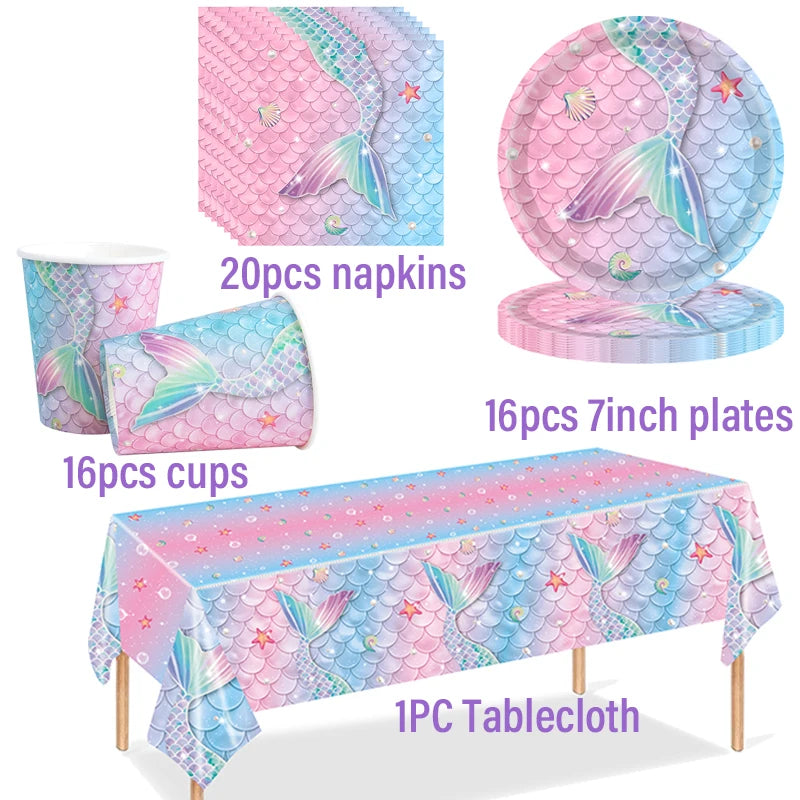 Mermaid Party Disposable Tableware Little Mermaid Tail Paper Plates Napkin Tablecloth Girls Birthday Party Under Sea Theme Decor