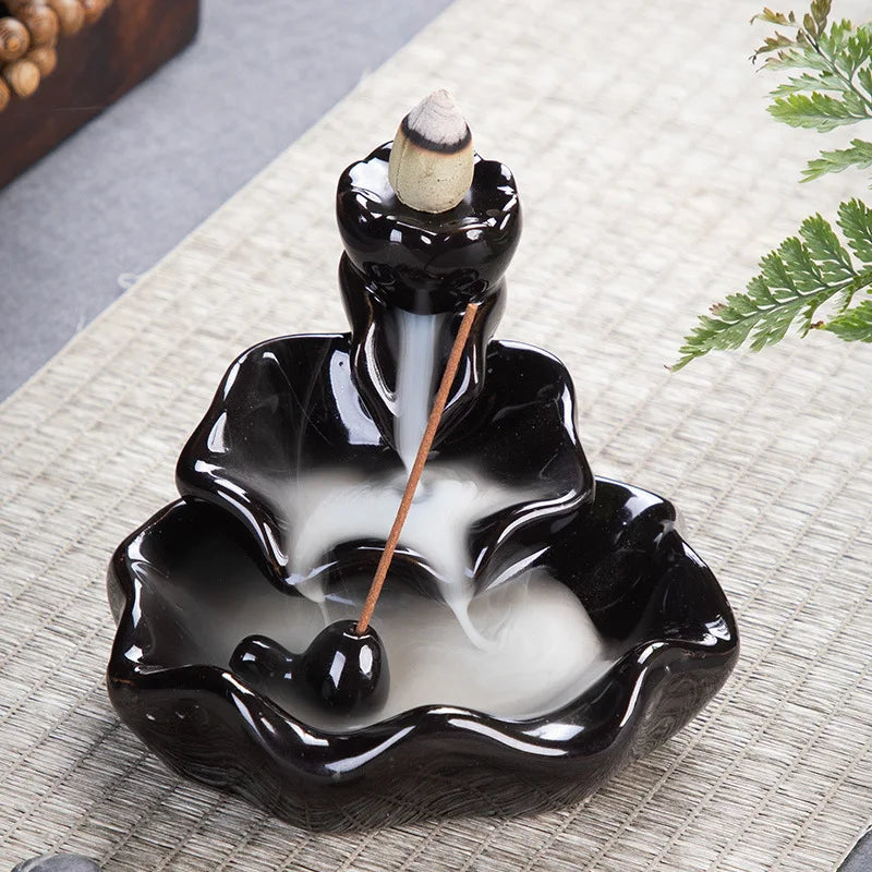 Black Backflow Incense Burner Lotus Fish Ceramics Sandalwood Incense Sticks Holder Small Home Decor Ornaments